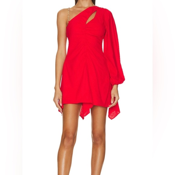 New Lovers + Friends Rosalie Mini Dress Red One Shoulder Linen Blend Size L - Picture 1 of 7